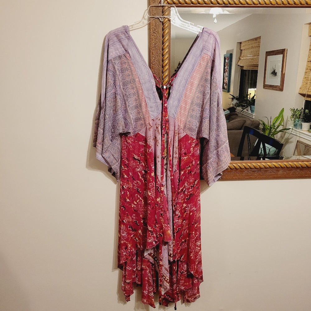 NEW Free People High Low Mini Midi Dress Pink Purple V Neck Boho Tunic